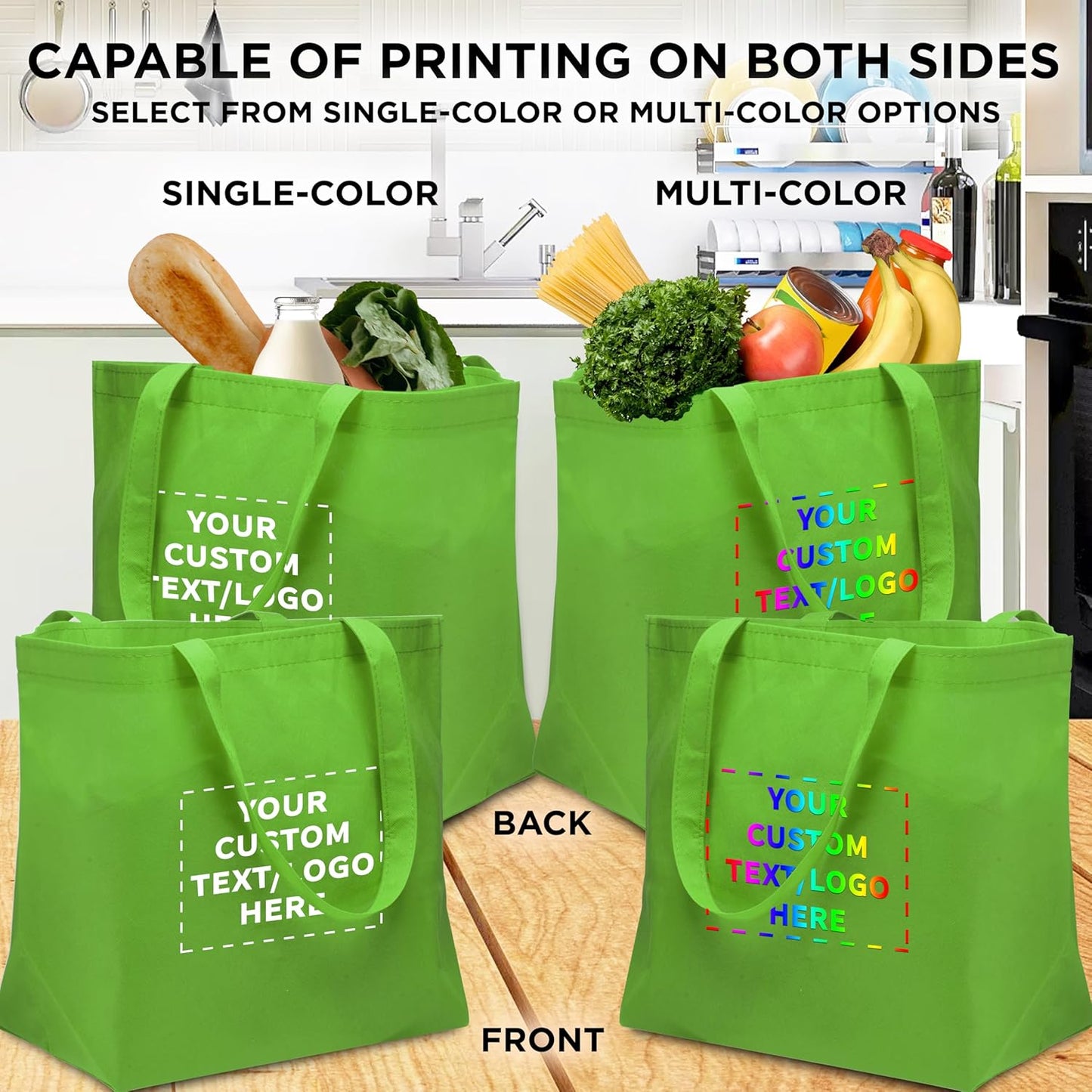 DISCOUNT PROMOS Custom Southern Style Grocery Tote Bags Set of 100 - Personalized Bulk Pack, Reusable Grocery & Shopping Bags - For Travel, Business Promotions - Lime Green - 20"X13"X8"