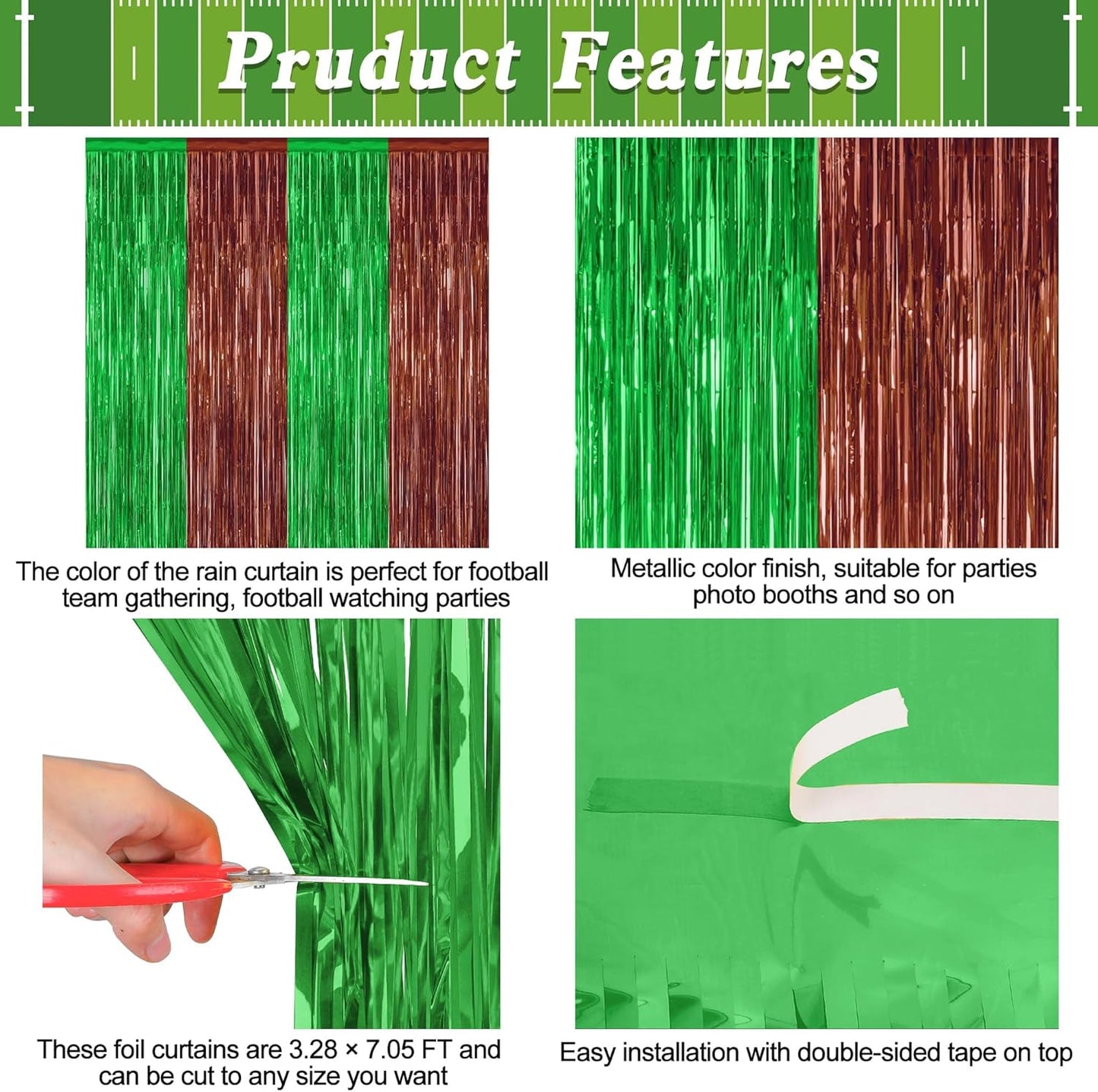 2 Pack Football Party Decorations, 3.28 FT x 7.05 FT Tinsel Backdrop, Brown Green Foil Fringe Curtains Metallic Party Streamer, Football Party Supplies Game Day Decorations 2025
