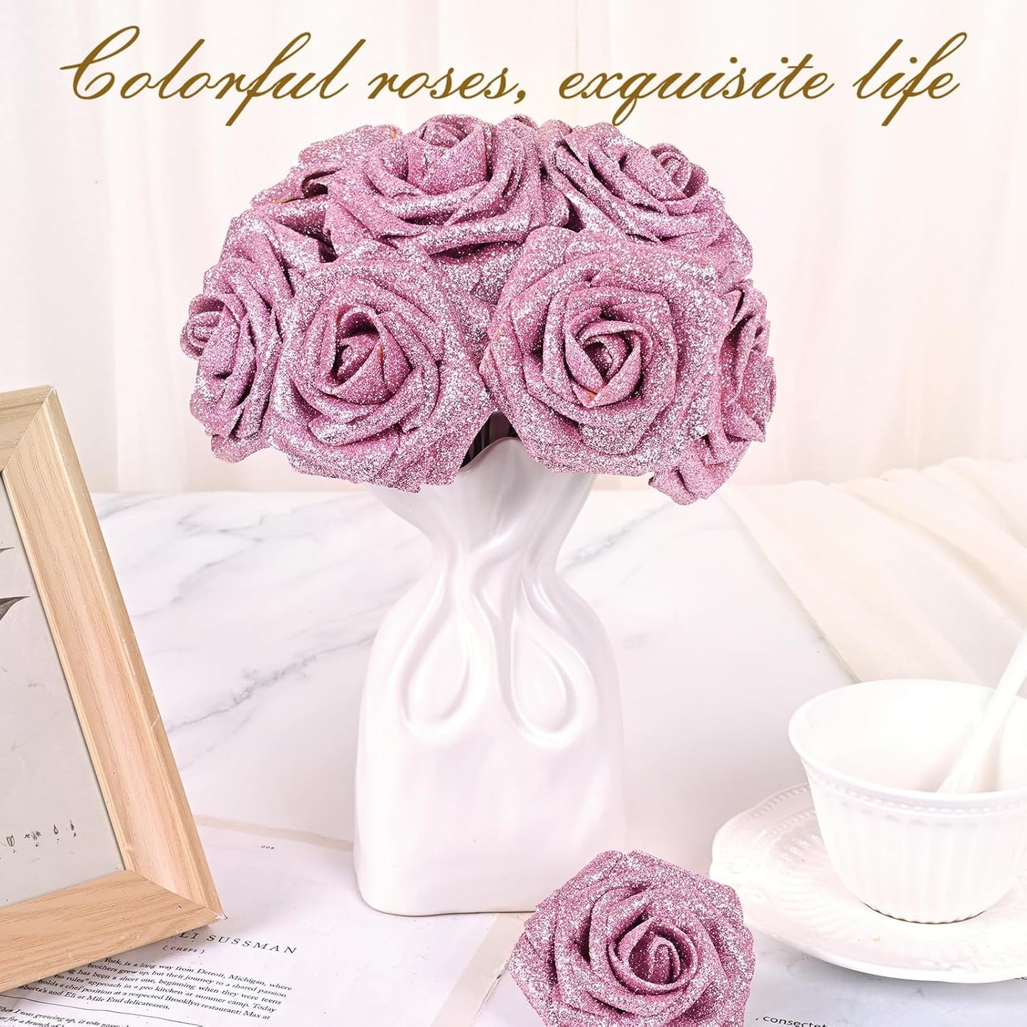 BLEUM CADE 16Pcs Artificial Flowers Fake Roses with Stems, Pink Glitter Boxed Foam Roses for DIY Bouquets Centerpieces Wedding Party Arrangement Bridal Shower Decor