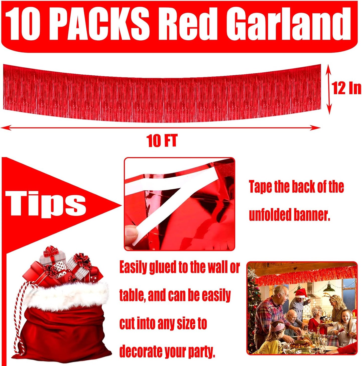 10 Pack 10 Feet Red Foil Fringe Garland Metallic Tinsel Streamers Banner Wall Hanging Curtain Backdrop for Parade Floats, Bachelorette, Wedding, Birthday, Halloween, Christmas Party Decorations