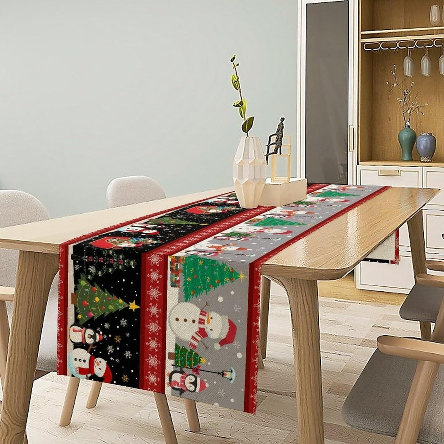 Christmas Table Runner,Cartoon Snowman Tree Xmas Deer Elk Santa Claus Print Tablecloth Burlap for Hotel Indoors Outdoor Dining Room Kitchen Home Decor,W13X L108 in