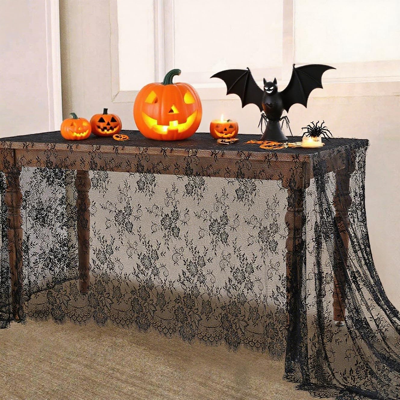 Black Tablecloth Halloween Lace Table Fabric 2pcs 60x120 Inch for Scary Movies Rustic Wedding Bridal Shower Party Decoration Rectangle Overlay Vintage Embroidered Reception Table Cloth Decor