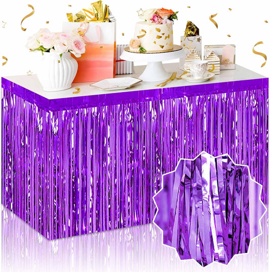 3 Pack 29 x108 Inch Purple Foil Fringe Table Skirts Metallic Banner for Tinsel Streamer Garland Backdrop for Parade Floats Mother's Day, Graduate, Birthday, Wedding Party Decoration