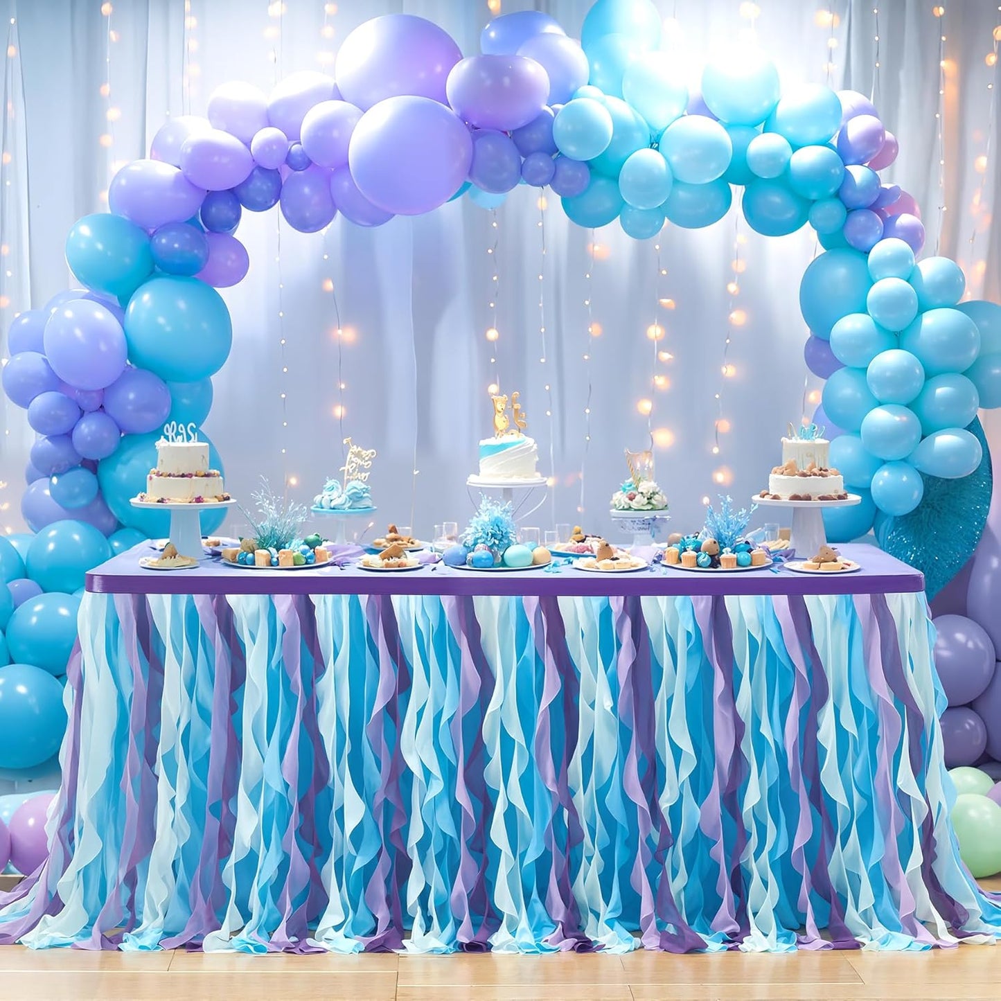 PARTISKY Mermaid Tulle Tutu Ruffle Curly Willow Table Skirt for Rectangle Table 9ft, Mermaid Themed Party Table Cloth for Girls Birthday Party or Baby Shower