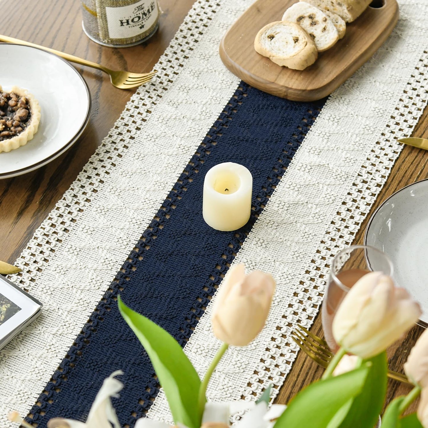 Artoid Mode Dark Blue Farmhouse Rustic Table Runner, Seasonal Holiday Hollow Kitchen Dining Table Decoration for Home Party Decor 12x36 Inch