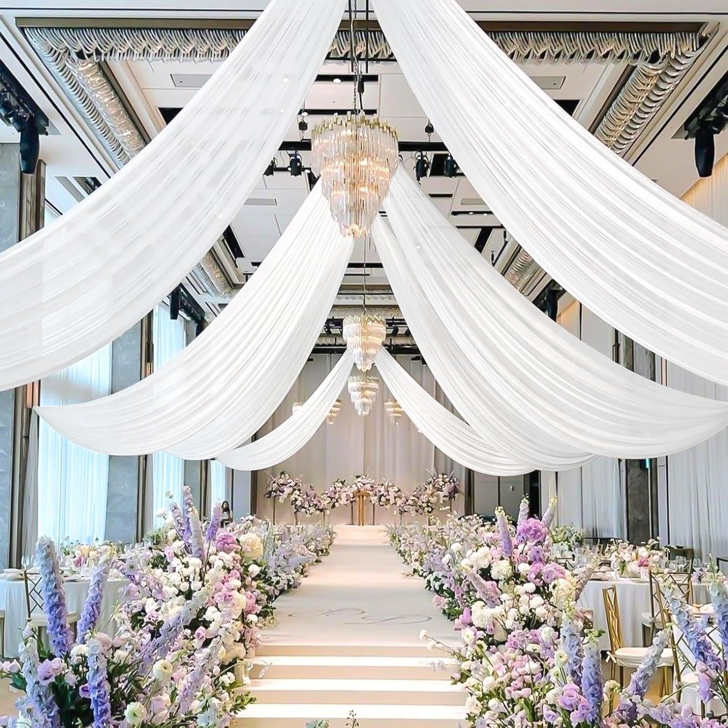 6 Panels White Ceiling Drapes for Wedding 5ftx15ft Sheer Drapery Chiffon Fabric Arch Draping Curtains for Party Ceremony Birthday Baby Shower Reception Stage Ceiling Decorations