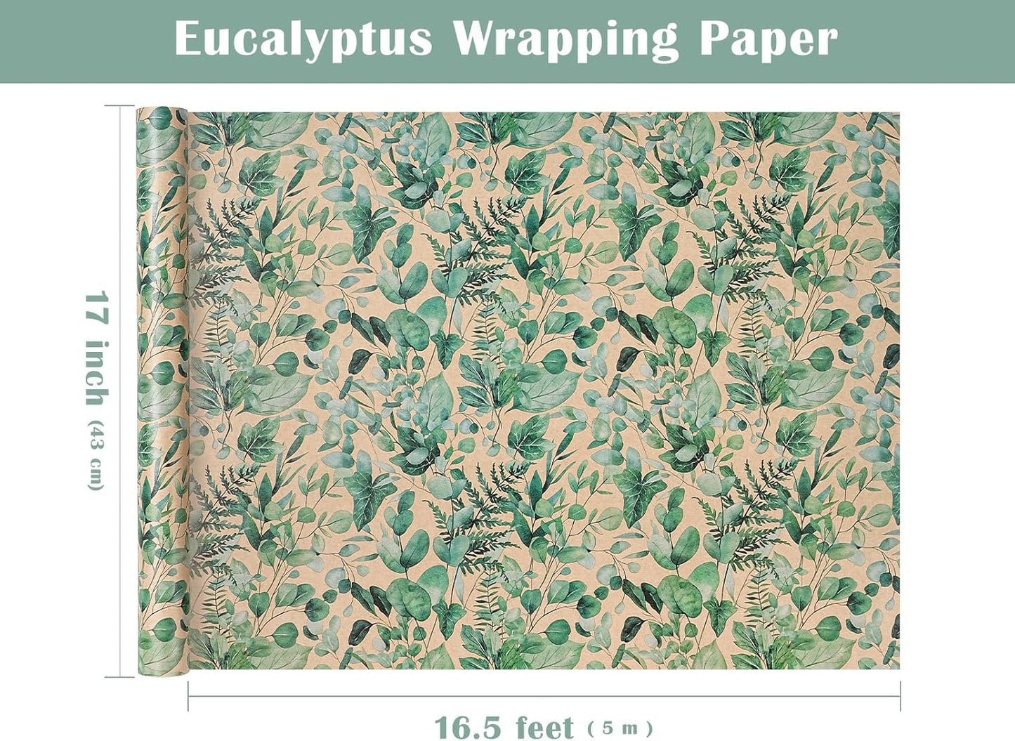 WRAPAHOLIC Kraft Eucalyptus Leaves Wrapping Paper Roll - Mini Roll - 17 Inch x 16.5 Feet - Greenery Wrapping Paper Perfect for Birthday, Wedding, Bridal Shower