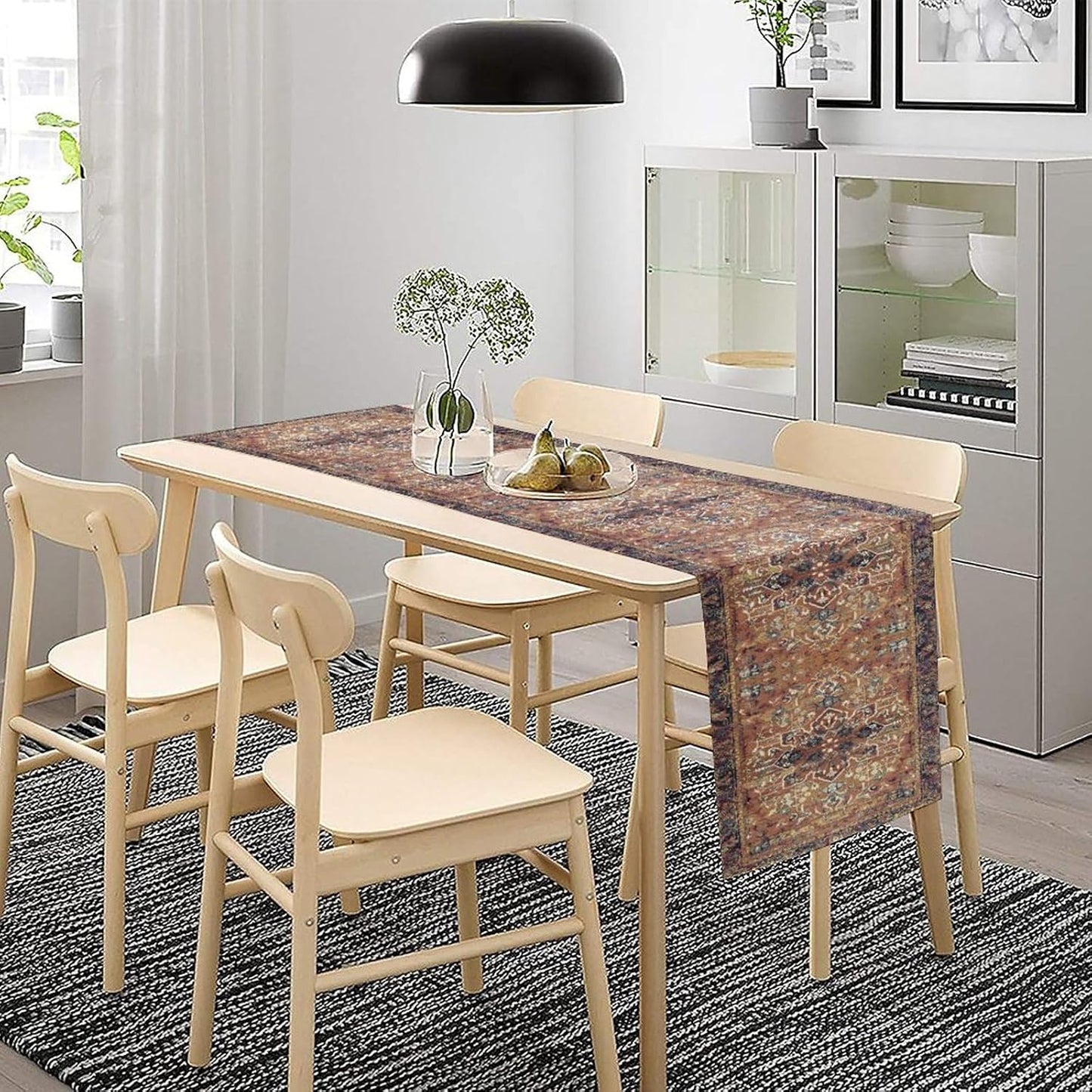 Boho Floral Vintage Table Runner, Purple Brown Retro Flower Rustic Country Farmhouse Abstract Pattern for Home Kitchen Table Decor Dining Coffee Room Party Decor 13x90in