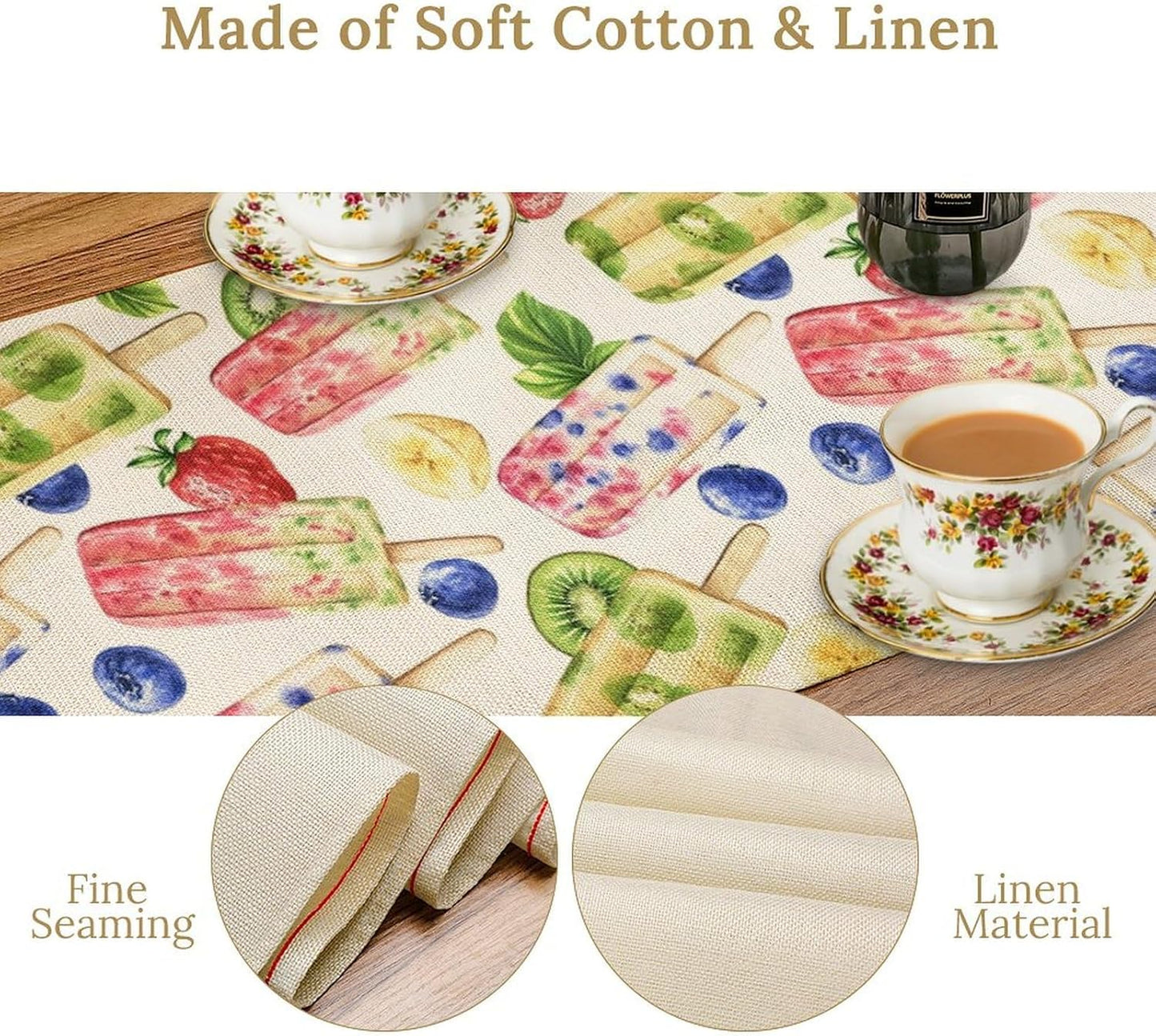 Ice Cream Table Runner, Watercolor Fruit Ice Popsicles Berry Kiwi Cold Summer Desserts Seasonal Dinner Runner for Party Holiday Home Kitchen Dining Table Decor 13"x60"