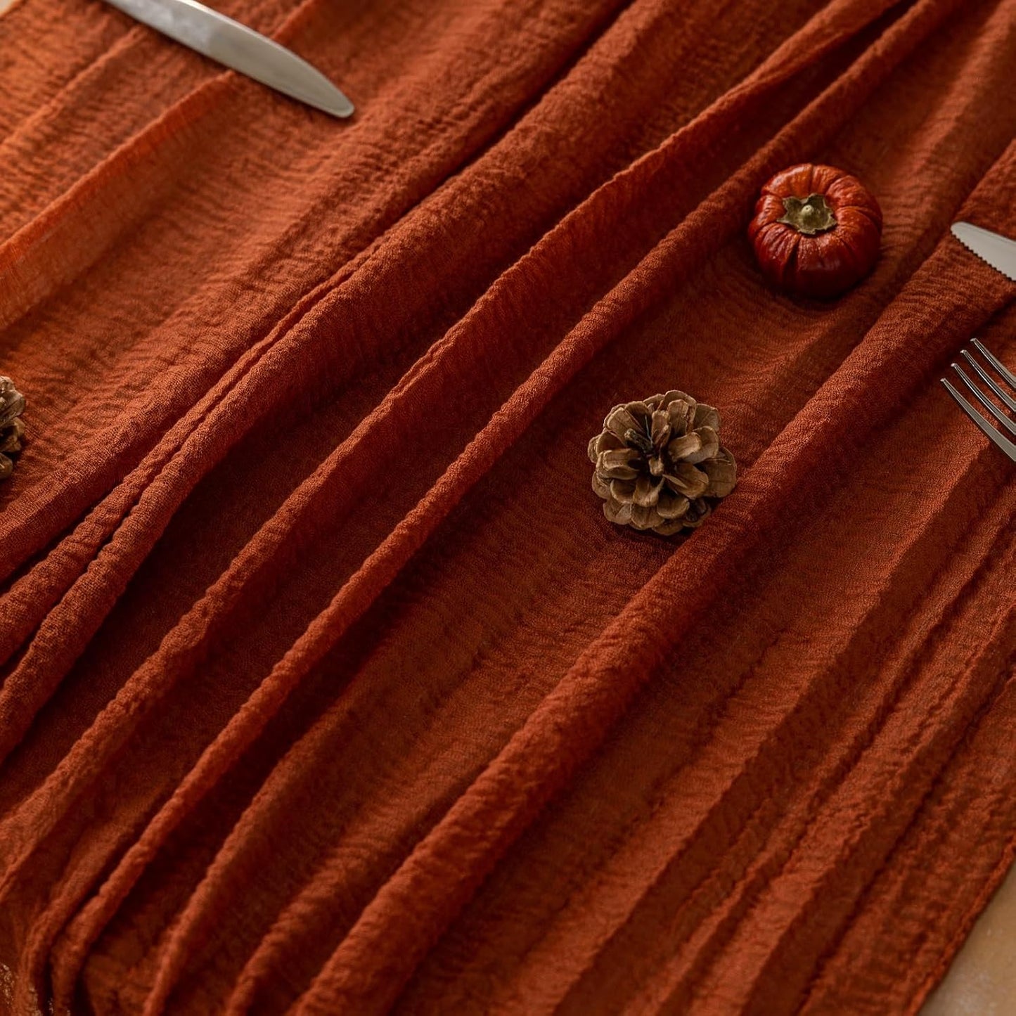 Keketo Fall Thanksgiving Table Runner Terracotta Rust Gauze 120 Inch 10 FT Rustic Burnt Orange Sheer Cheese Cloth for Bridal Shower Friendsgiving Party Centerpiece Decor Fall Decorations for Home