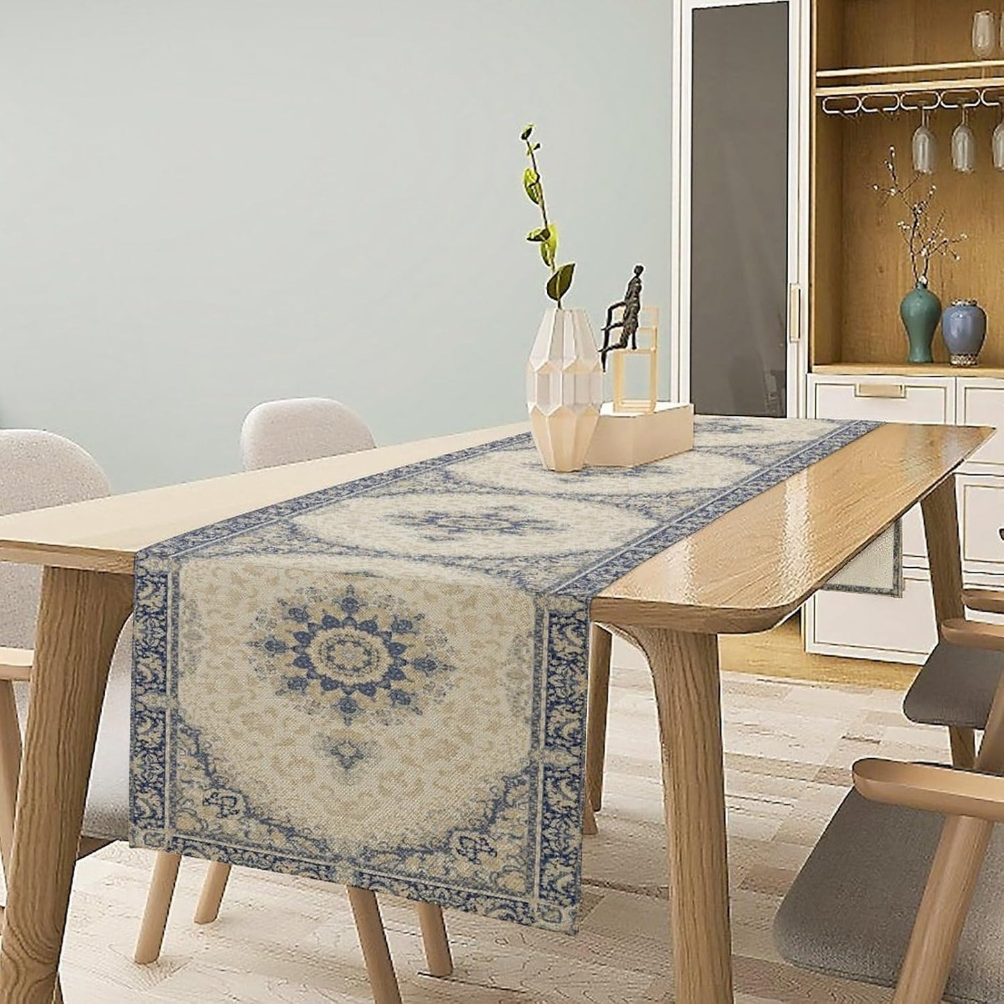 Boho Bohemia Style Table Runner, Vintage Blue Gold Retro Flower Rustic Country Style Floral Print Pattern for Home Kitchen Table Decor Dining Coffee Room Garden Party Decor 13x72in