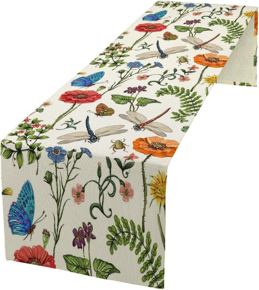 Vintage Botanical Flowers Table Runner, Seasonal Summer Plants Florals Butterfly Dinner Runner for Home Kitchen Dining Table Party Holiday Decoration 13"x90"