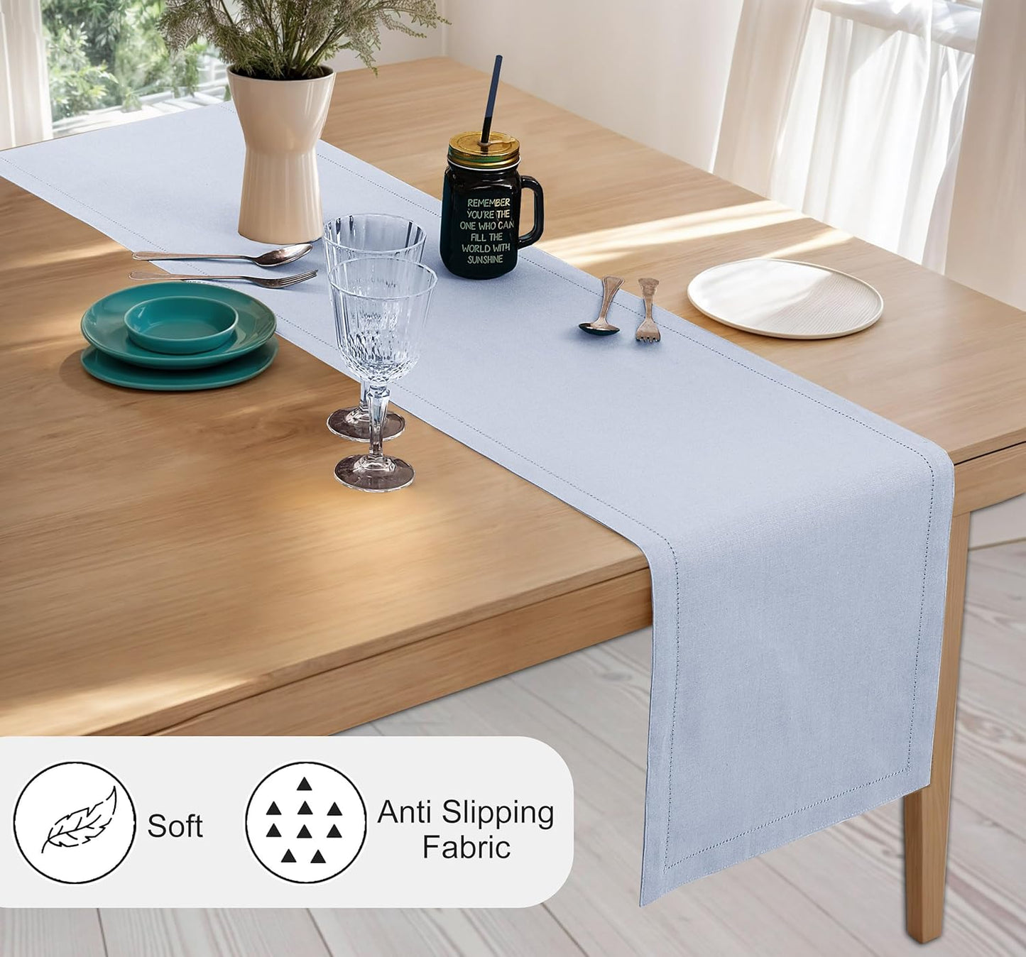 Ruvanti Linen Table Runner 60 Inches, Classic Hemstitch, Washable, Reusable, Non-Slipping, Stain Resistant- Perfect for Parties, Weddings, Dinners, Thanksgiving, Christmas, Indoor use – Arctic Ice