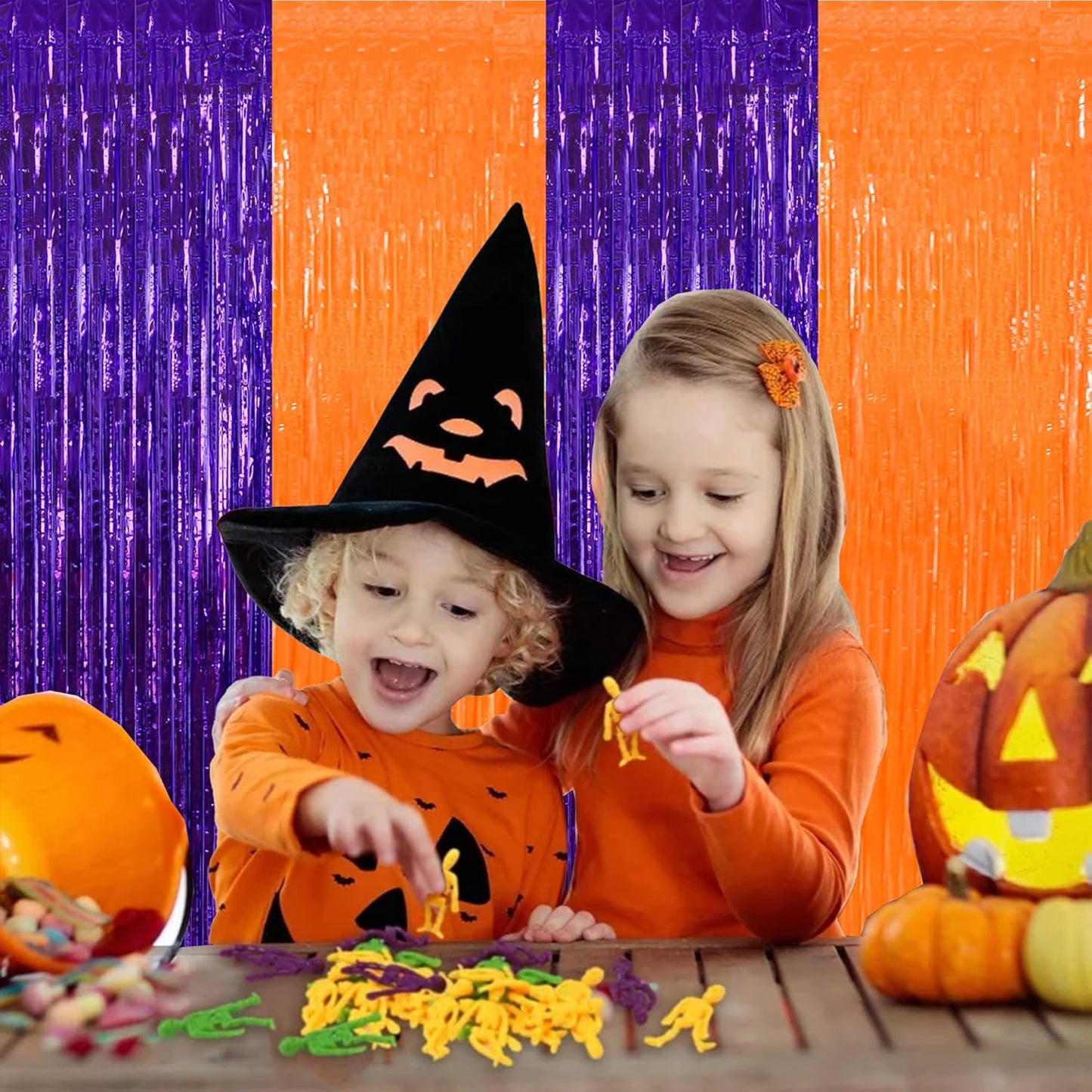 BEISHIDA 2Pcs Orange Purple Door Streamer Happy Halloween Backdrop Foil Fringe Tinsel Horry Party Curtains Backdrops for Horry Party Hallowen Decoration (3.28 ft x 6.56 ft)