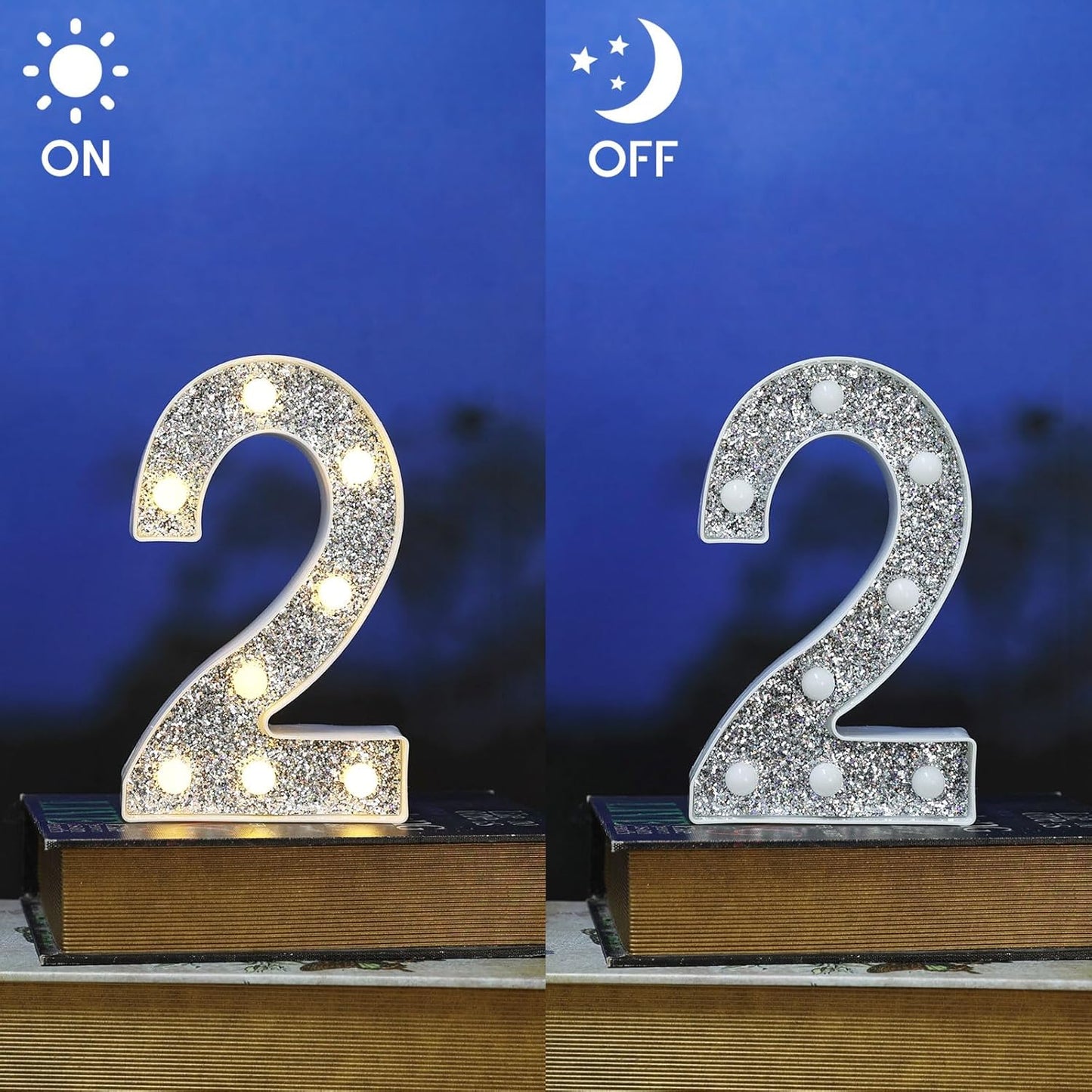 Marquee Light Letters for Table Decorations, Glitter Light Up Signs for Prom, Events, or Engagement Party Decor, Featuring Alphabet & Number Lighted Letters, Number 2