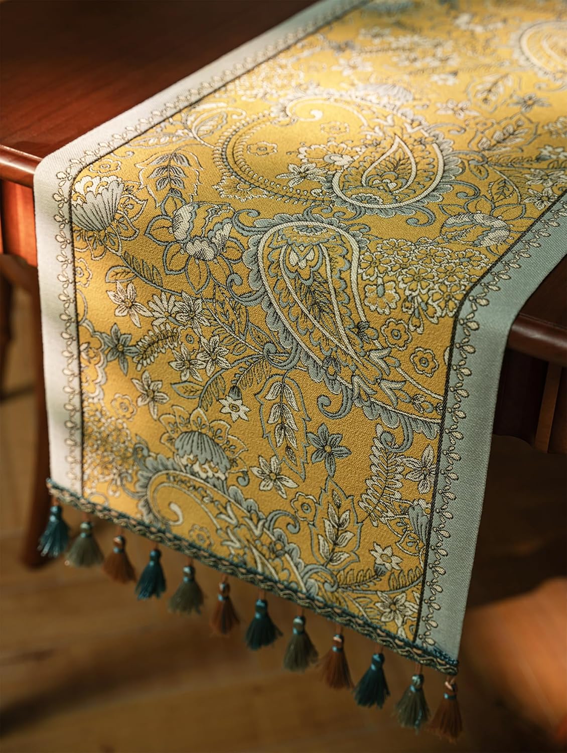 13×72 Inch Table Runner, Retro-Luxury Tassels Series for Kitchen Dining Table Holiday Decoration (Yellow Pheonix)