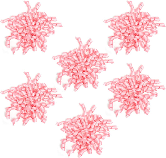 6 Inch Pink Curly Bows for Gift Wrapping Set of 6, Self Adhesive Bows Pink Gift Bows for Presents, Satin Ribbon Bows for Birthday, Wedding, Christmas, Bridal Shower, Gift Wrap Accessory