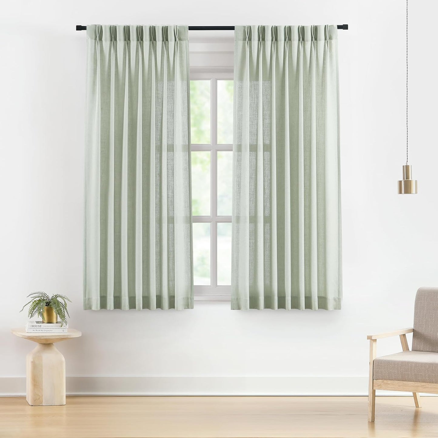 Vision Home Light Green Pinch Pleated Semi Sheer Curtains Textured Linen Blended Light Filtering Window Curtains 72 inch for Living Room Bedroom Pinch Pleat Drapes with Hooks 2 Panels 40" Wx72 L