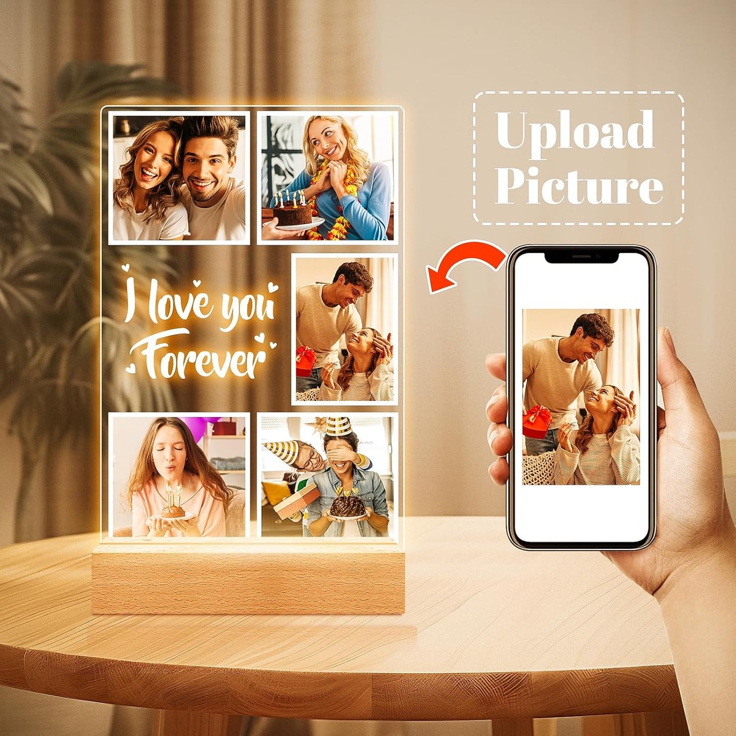 Custom Picture Frames with Photos, Customized Photo Frame with Night Light, Personalized Picture Frame, Personalized Anniversary Birthday Gifts for Women Men Him Her Girlfriend Boyfriend Couples