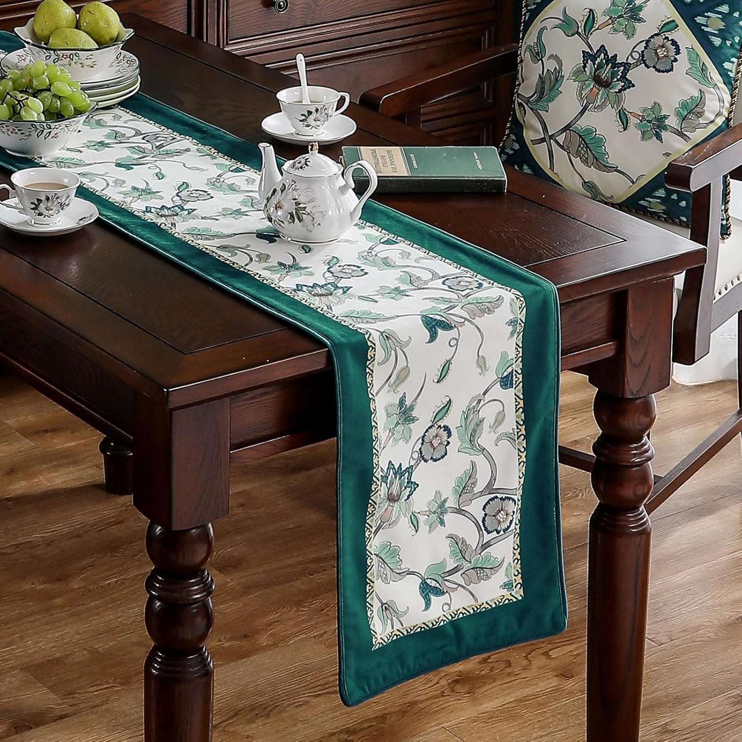 patdrea Designer Elegant French Floral Velvet Table Runner, Teal with Blossoms Pattern Table Mat, Decoration for Kitchen Dining Coffee Table Shelf Cabinet Banquet Thanksgiving,12"*87"