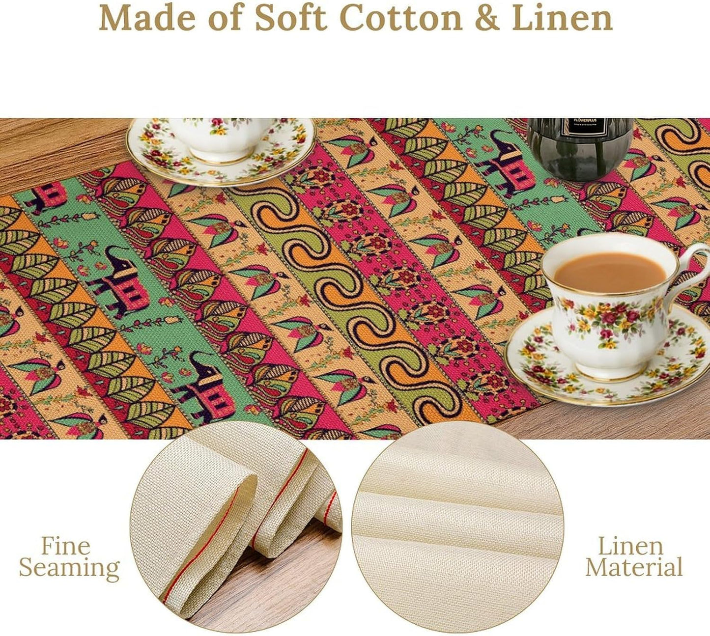 Boho Table Runner, Indian Bohemian Elephant Mandala Paisley Floral Hippie Art Print Table Center Decor for Home Kitchen Dining Patio Holiday Party Indoor Outdoor Table Decorations, 13"x36" Inch