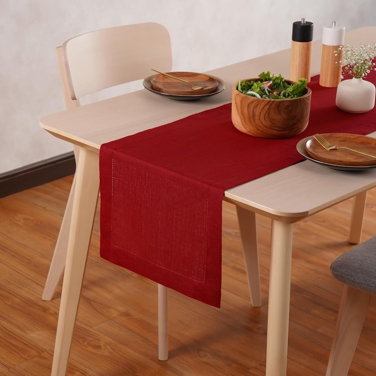 Home Ekka 100% Pure Linen Red Table Runner 14 × 48 Inch – Small Hemstitch Christmas Table Runner – Cloth Fabric Runner for Thanksgiving, Winter & New Year Table Décor – Elara Collection