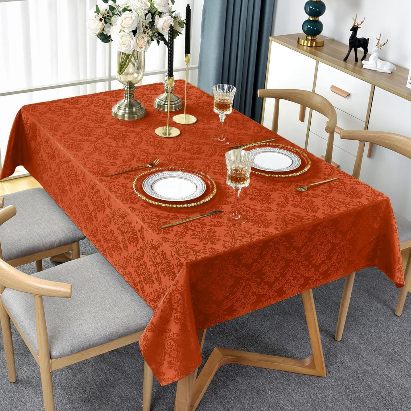 SASTYBALE Jacquard Rectangle Tablecloth, Rusty Spill-Proof Wrinkle Resistant Damask Table Cloth, Soft Polyester Oblong Table Cover for Kitchen Parties Thanksgiving - 60 x 120 Inch Rust