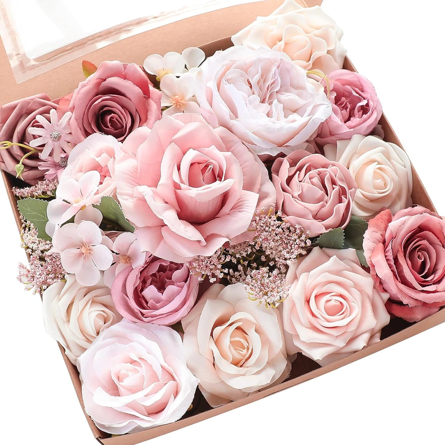 Floroom Dusty Rose Cream Artificial Flowers Fake Roses Peonies and Greenery Combo Box Set for DIY Wedding Bouquets Bridal Shower Centerpieces Floral Arrangements Party Tables Home Decorations