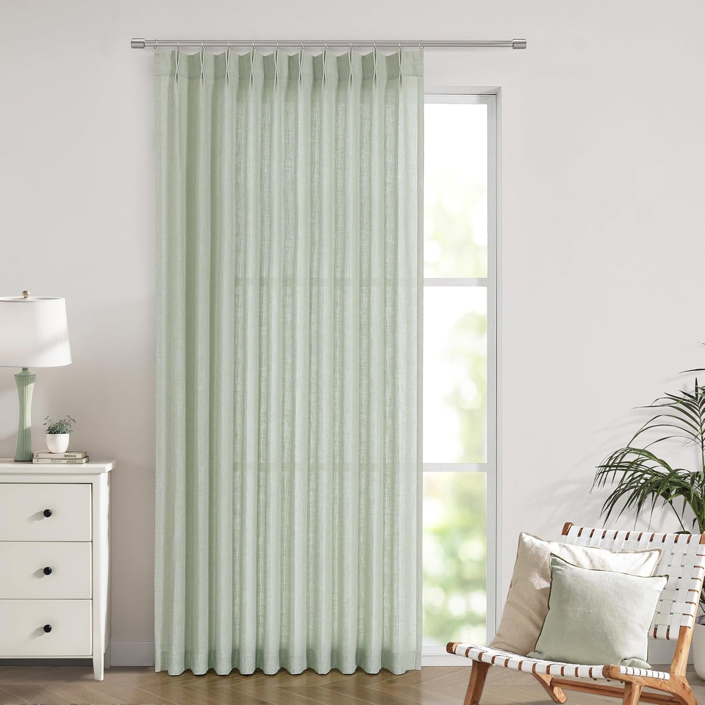 Vision Home Light Green Pinch Pleated Semi Sheer Curtains Textured Linen Blended Light Filtering Window Curtains 90 inch for Living Room Bedroom Patio Pinch Pleat Drapes with Hooks 1 Panel 60" Wx90 L