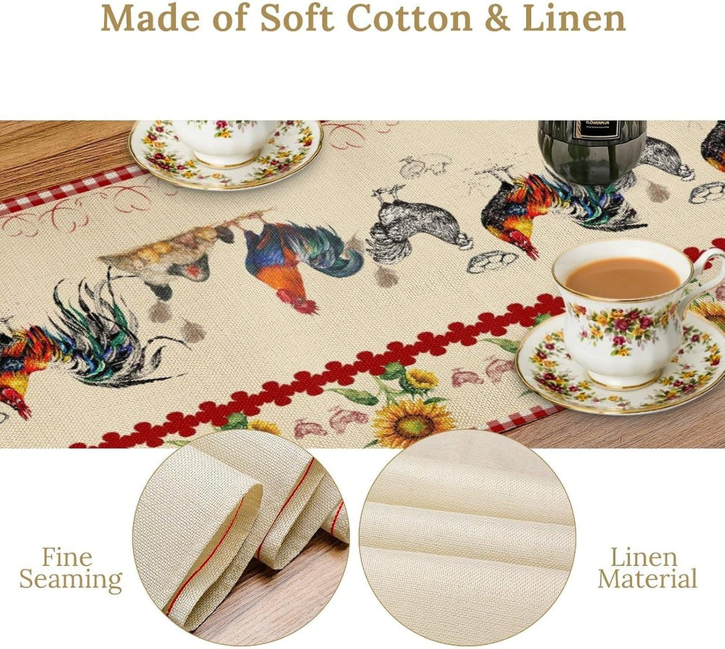 Rustic Rooster Table Runner,Vintage Country Farm Sunflower Chicken Red Plaid Print Tablecloth Burlap for Hotel Indoors Outdoor Dining Room Kitchen Home Decor,W13X L80 in