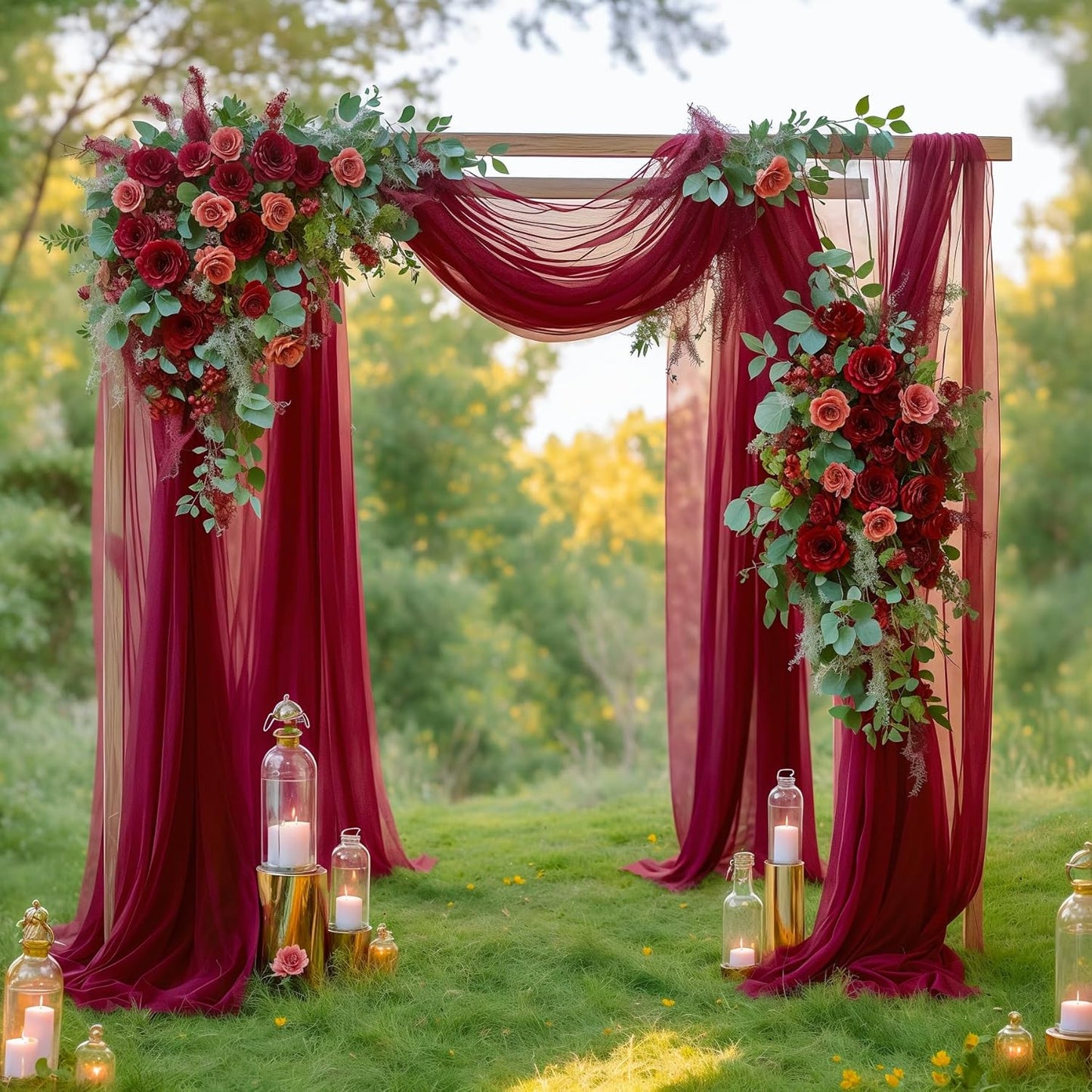 2 Panels Wedding Arch Draping Fabric Burgundy Sheer Backdrop Curtain Arch Drape for Wedding Ceremony Reception,Bridal Shower Party Decorations 28" X 19ft