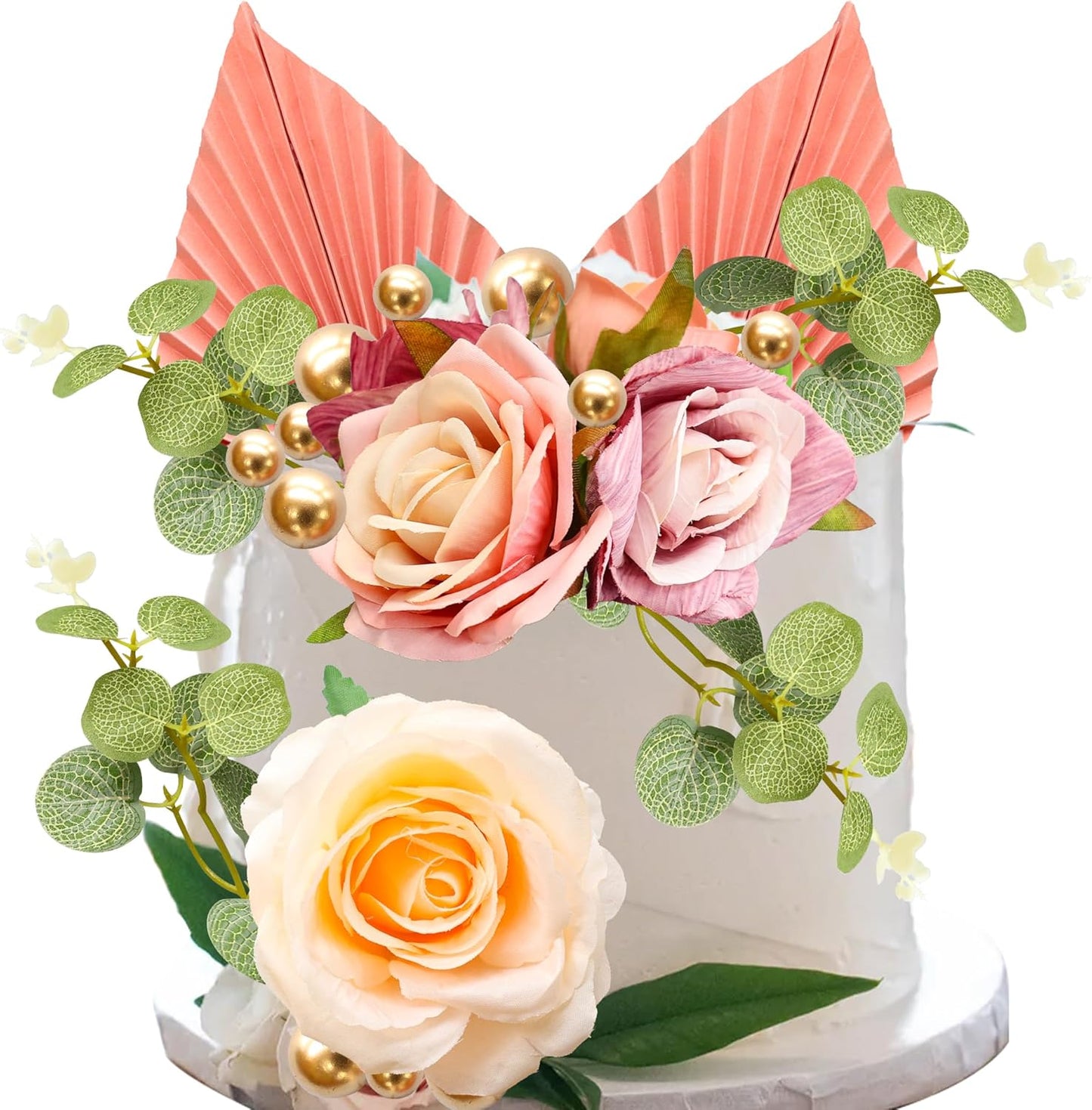 Gyufise 22Pcs Rose Artificial Flower Leaves Cake Topper Decorations Gold Balloon Cake Toppers Leaf Paper Palm Fan Cake Picks for DIY Wedding Birthday Valentine's Day Party Decorations Supplies Pink