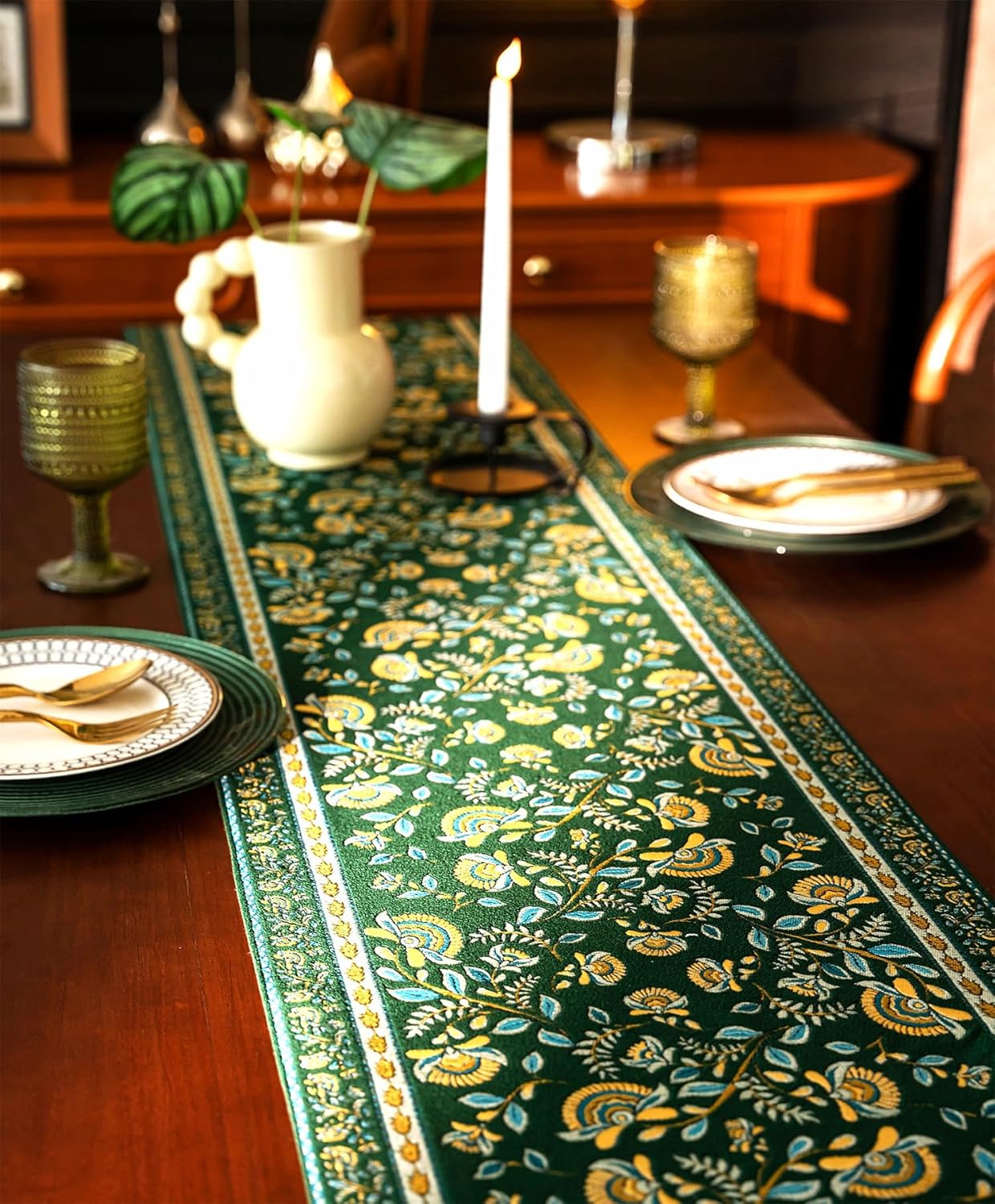13×72 Inch Table Runner, Retro-Luxury Tassels Series for Kitchen Dining Table Holiday Decoration (Green Branch)
