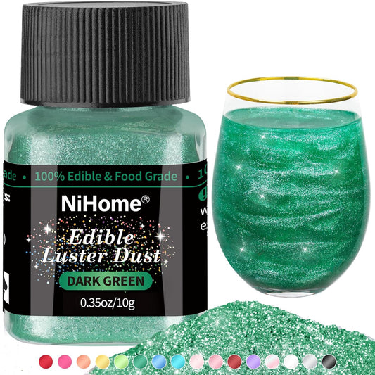 NiHome Edible Food-Grade Glitter Powder Glimmer Luster Dust Metallic Fancy Food Decorating Sprinkle Glimmery Dust for Drink Wine Beverage Cake Bakery Vegan Allergen-Free (Dark Green, 0.35oz/10g)
