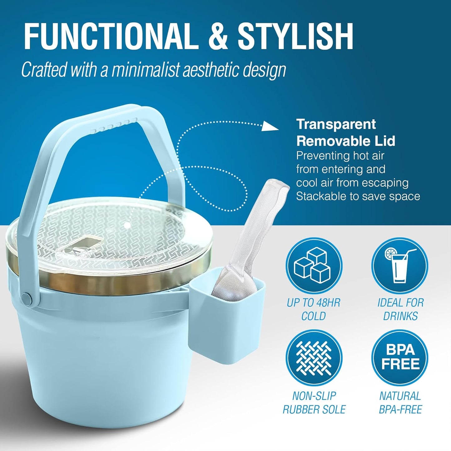 Insulated Ice Bucket with Lid & Scoop-XL Double-Walled, bar Essentials for Entertaining, Holiday Party, Stainless Steel Wine Chiller, Beverage Tub with Handle, Bottle Opener, Great Gift(Ocean Blue)