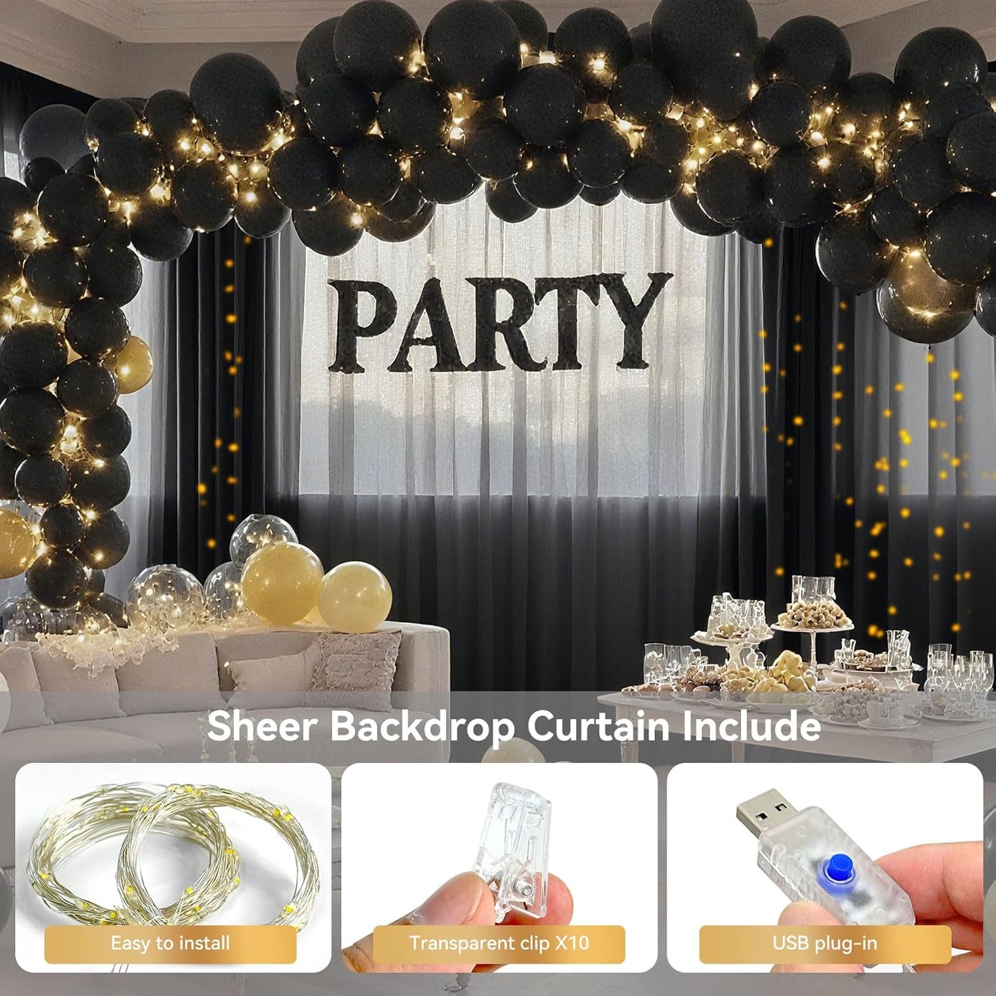 10×10ft Tulle Backdrop Curtains with Lights String - 300LED Fairy Lights Sheer Curtain Backdrop for Weddings Baby Shower and Birthday Party Decorations(4 Panels 5×10ft)