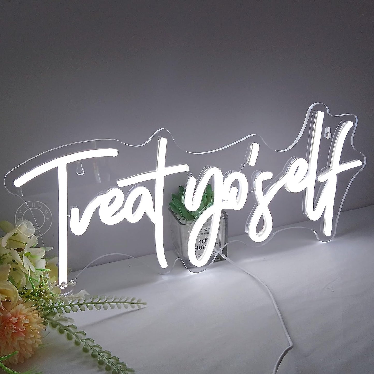 SYLHOME Treat Yourself Led Neon Light Sign Bedroom Kids Room Living Room Art Wall Decor Sign Home Family Birthday Wedding Party Light Up Sign USB 16.54" X 7.1" Cold White