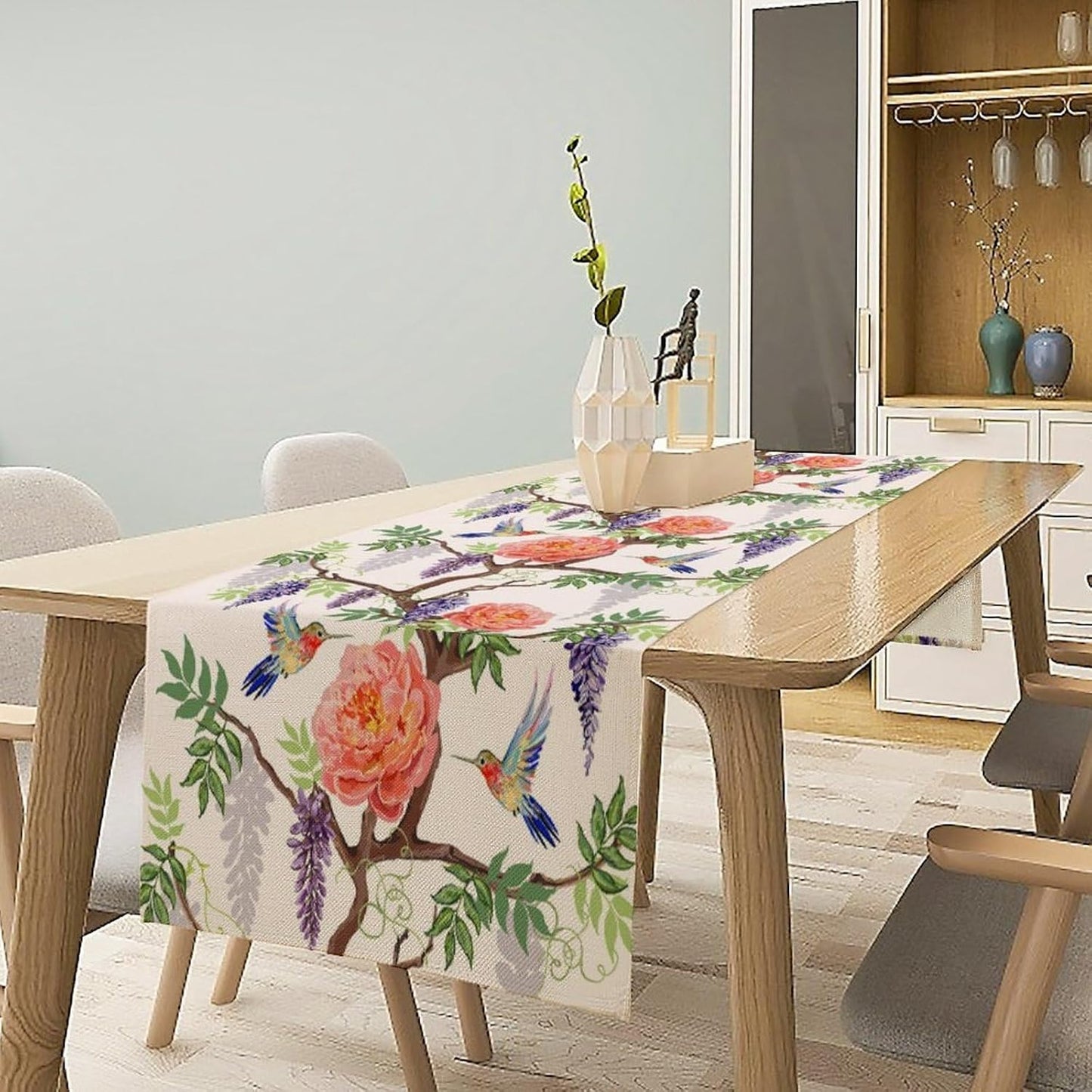 Vintage Bird Flower Table Runner Seasonal Spring Purple Wisteria Garden Plants Lavender Pink Florals Farmhouse Country Kitchen Dinner Runner Dining Table Decoration for Home Party Holiday 13"x70"