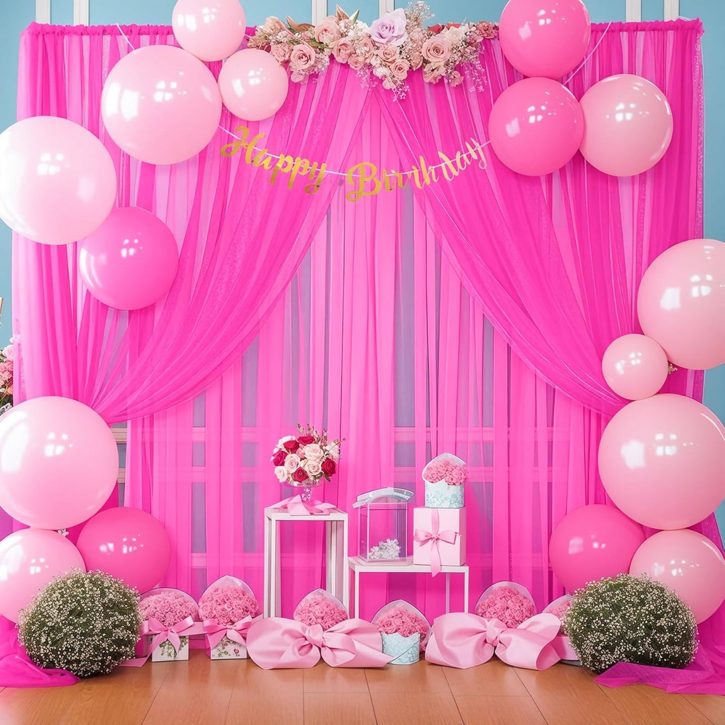 10x10ft Hot Pink Tulle Backdrop Curtain for Parites, Sheer Backdrop Curtains for Wedding Baby Shower Birthday Party Photo Shoot Decorations