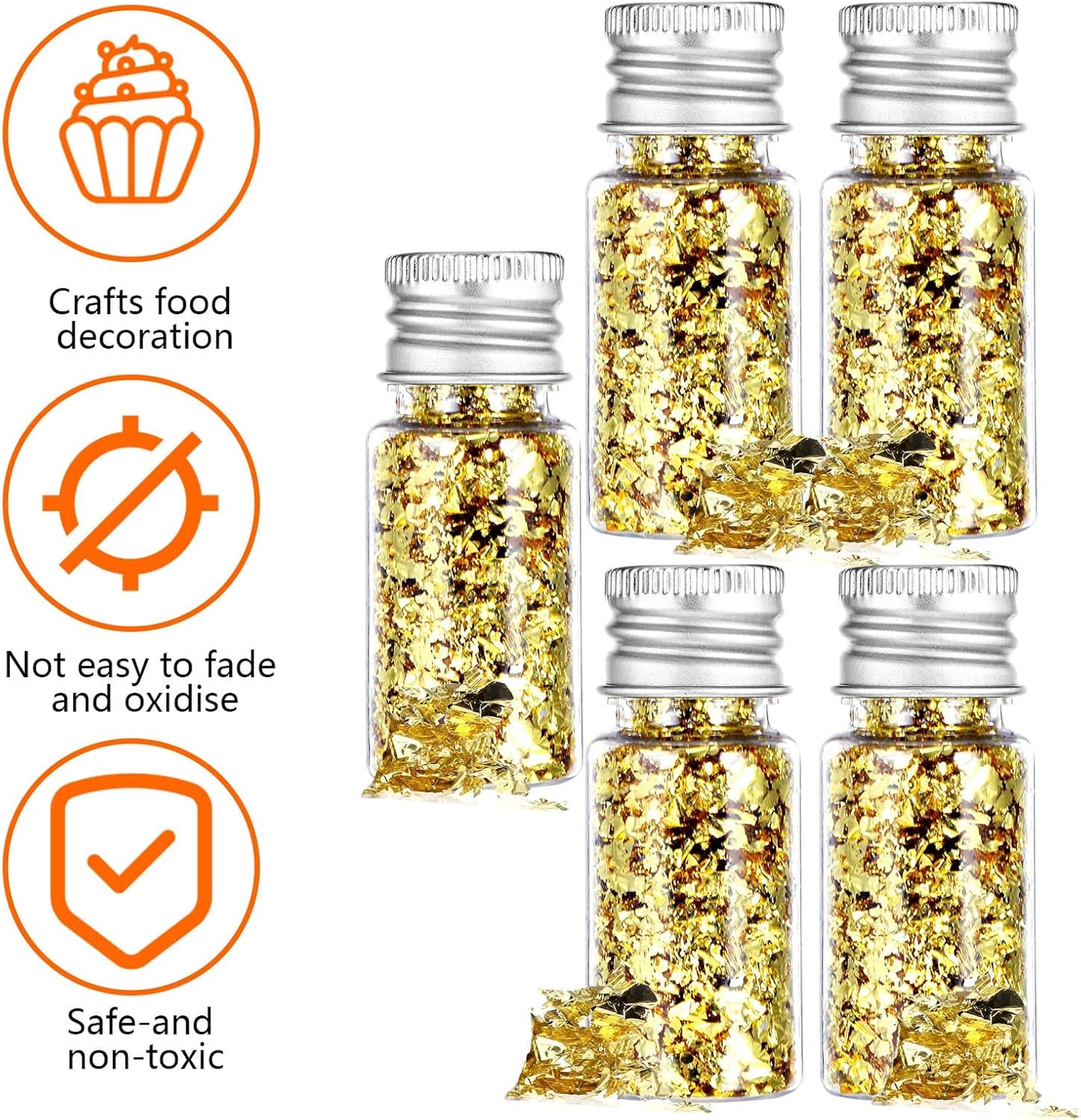5Pcs Decorative Gold Leaf, Multifunction Gold Flakes Cake Decoration Baking Foil Decor with Plastic Tweezers for Cooking Dessert Steak Decoration Crafts Makeup
