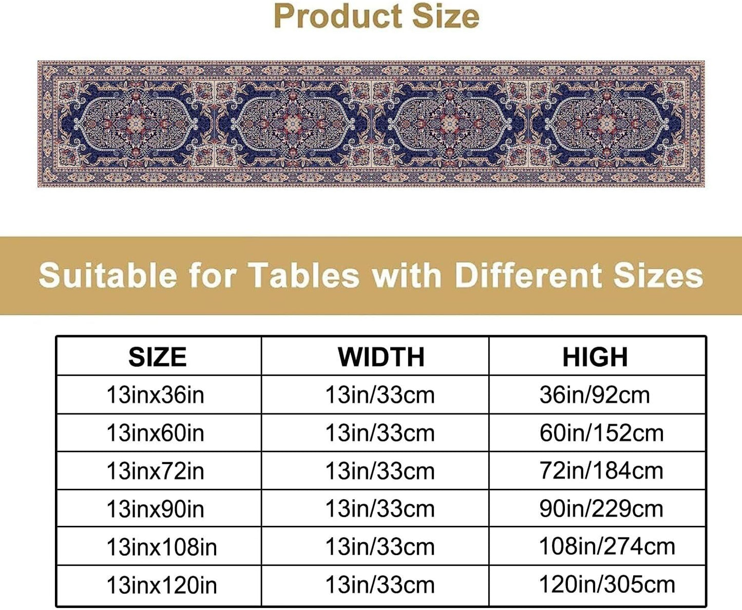 Vintage Boho Floral Table Runner, French Rustic Country Farmhouse Purple Golden Bohemia Flower Pattern for Home Kitchen Table Decor Dining Coffee Room Party Decor 13x120in