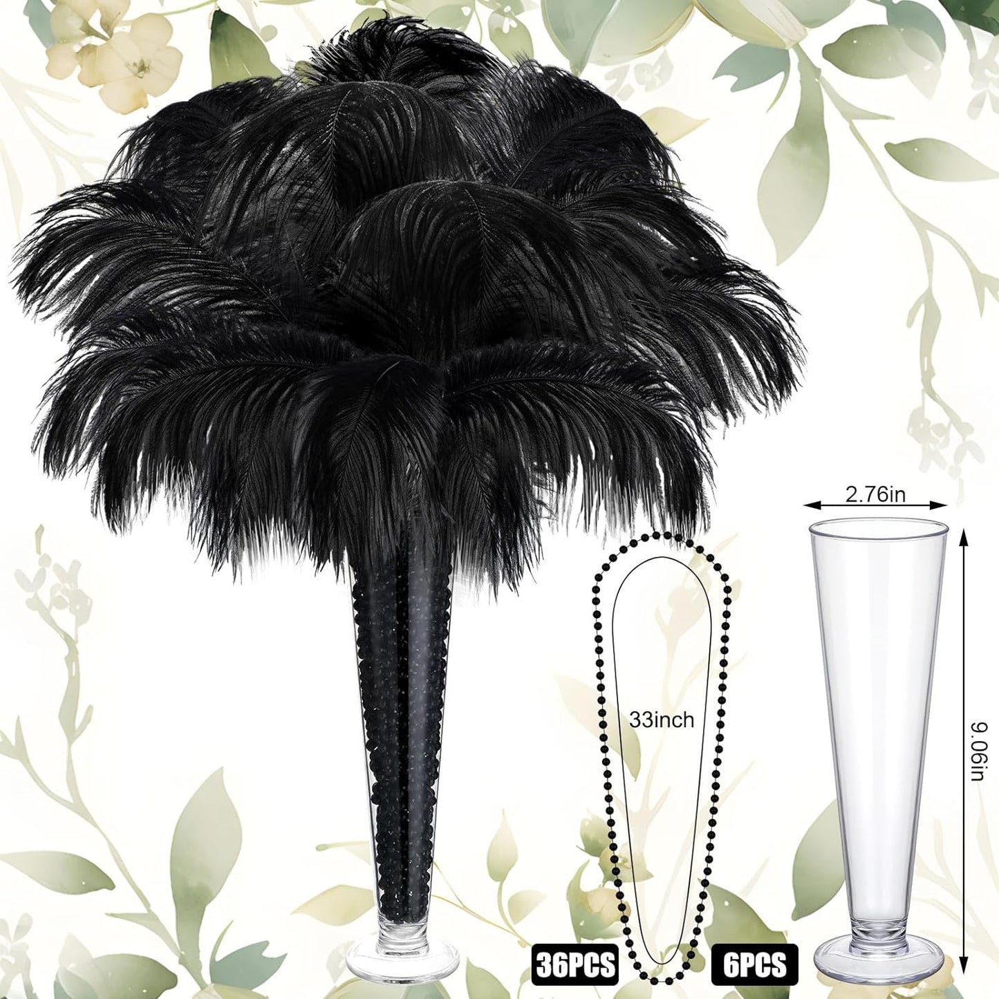 Yuxung 6 Sets Wedding Table Centerpiece Accessories Including 159 Pieces Natural Ostrich Feather Bulk Plastic Vases and Beads Necklaces for Wedding Home Party Centerpiece Supplies(Black)