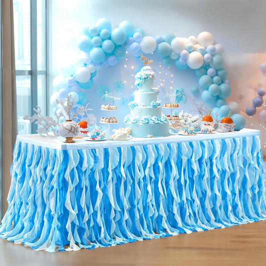 Partisky Ocean Blue Tulle Tutu Ruffle Curly Willow Table Skirt for Rectangle Table 9ft,Under The Sea Baby Shark Themed Table Cloth for Boys Girls Birthday Party or Baby Shower
