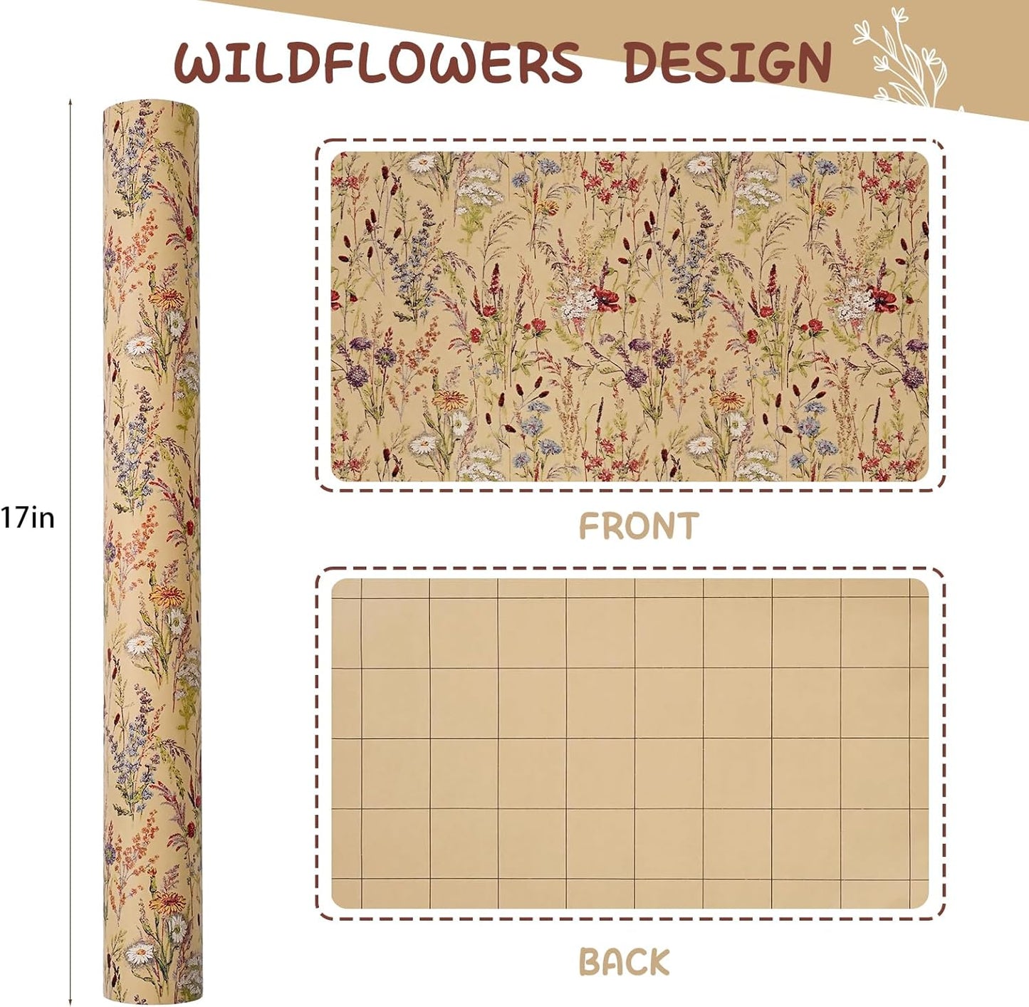 Tyzarglef Wild Flower Wrapping Paper Roll, 17 Inches x 32.8 Feet Kraft Floral Design Wrapping Paper for Women Girls Gifts, Birthdays, Weddings, Bridal Shower and Engagement