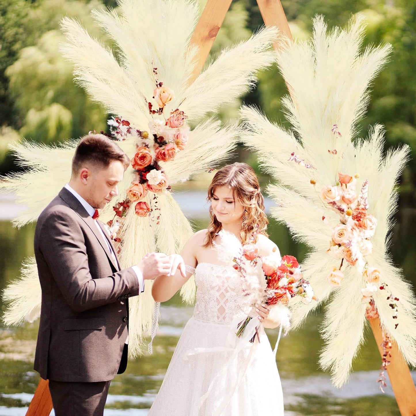 35" Faux Pampas Grass Decor, 8pcs Large Tall Fluffy Artificial Pompous Grass Branches Floral Fake Pompas Grass Bulrush Floor Vase Filler Flower Arrangement for Home Wedding Boho Decor Beige