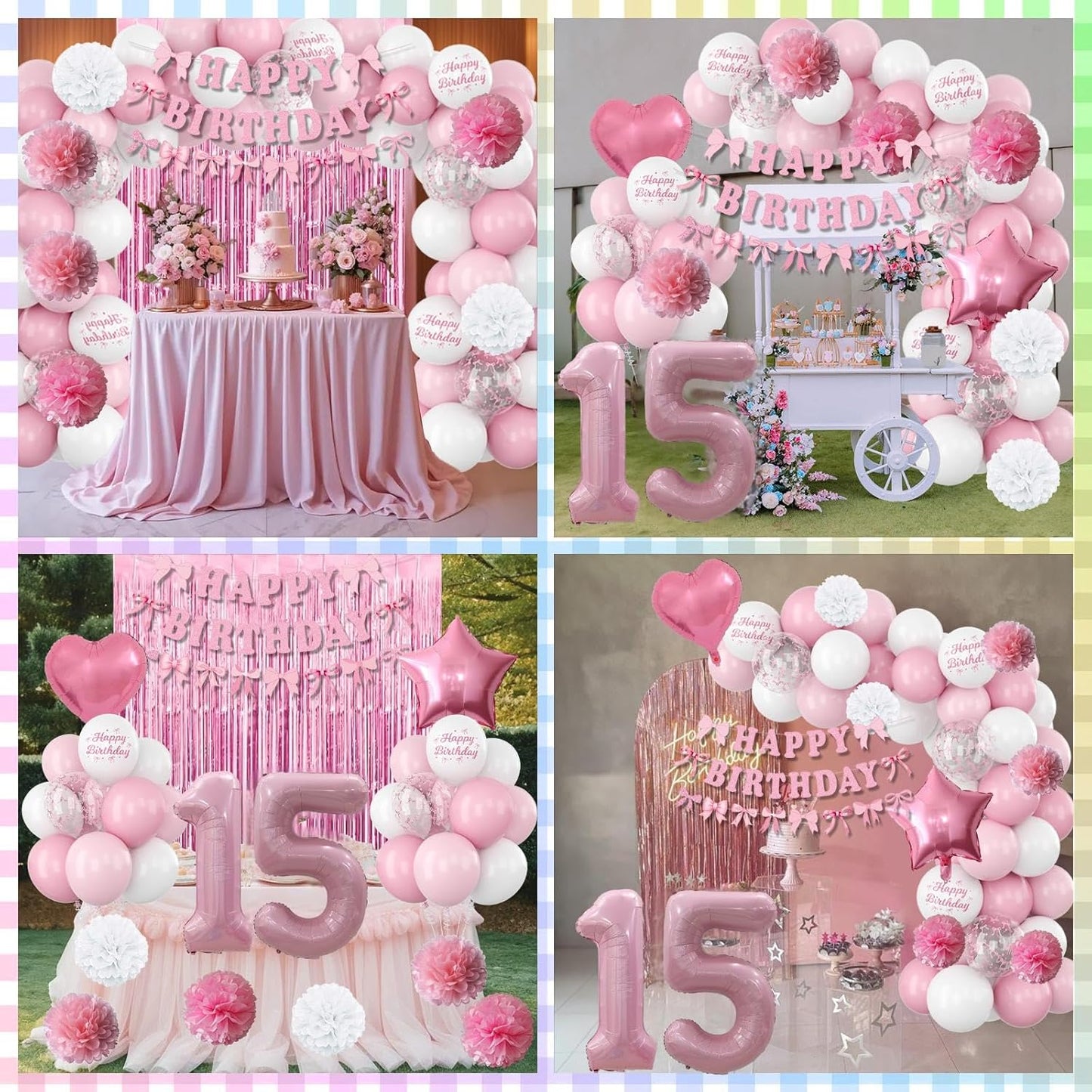 15th Birthday Decorations for Girls Pink Number 15 Balloon Bow Coquette Happy Birthday Banner Fringe Curtain Paper Pom Poms Star Heart Foil Pink White Balloons 15 Year Old Party Decor