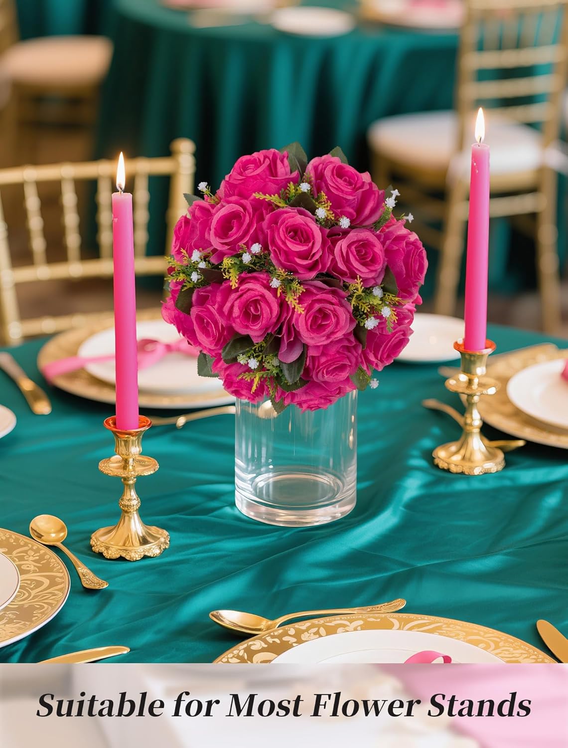 BLOSMON Pink Roses Artificial Flowers: 6 Pcs Hot Pink Fake Flower Balls for Wedding Dinning Table Centerpieces - Fake Silk Kissing Bouquet Floral Arrangement for Home Party Event Decor