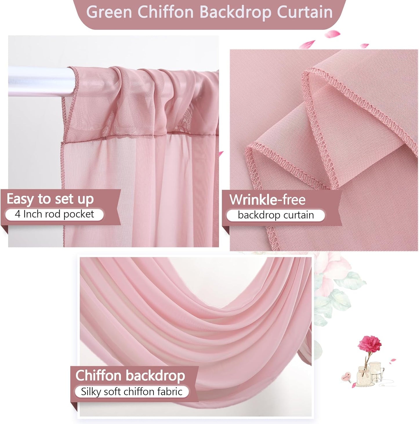 PARTISKY 10ftx10ft Dusty Rose Chiffon Sheer Backdrop Curtains, Wrinkle-Free Wedding Backdrop Drapes for Birthday Party Ceremony Arch Stage Decor Background for Photography 5ft x 10ft,2 Panels