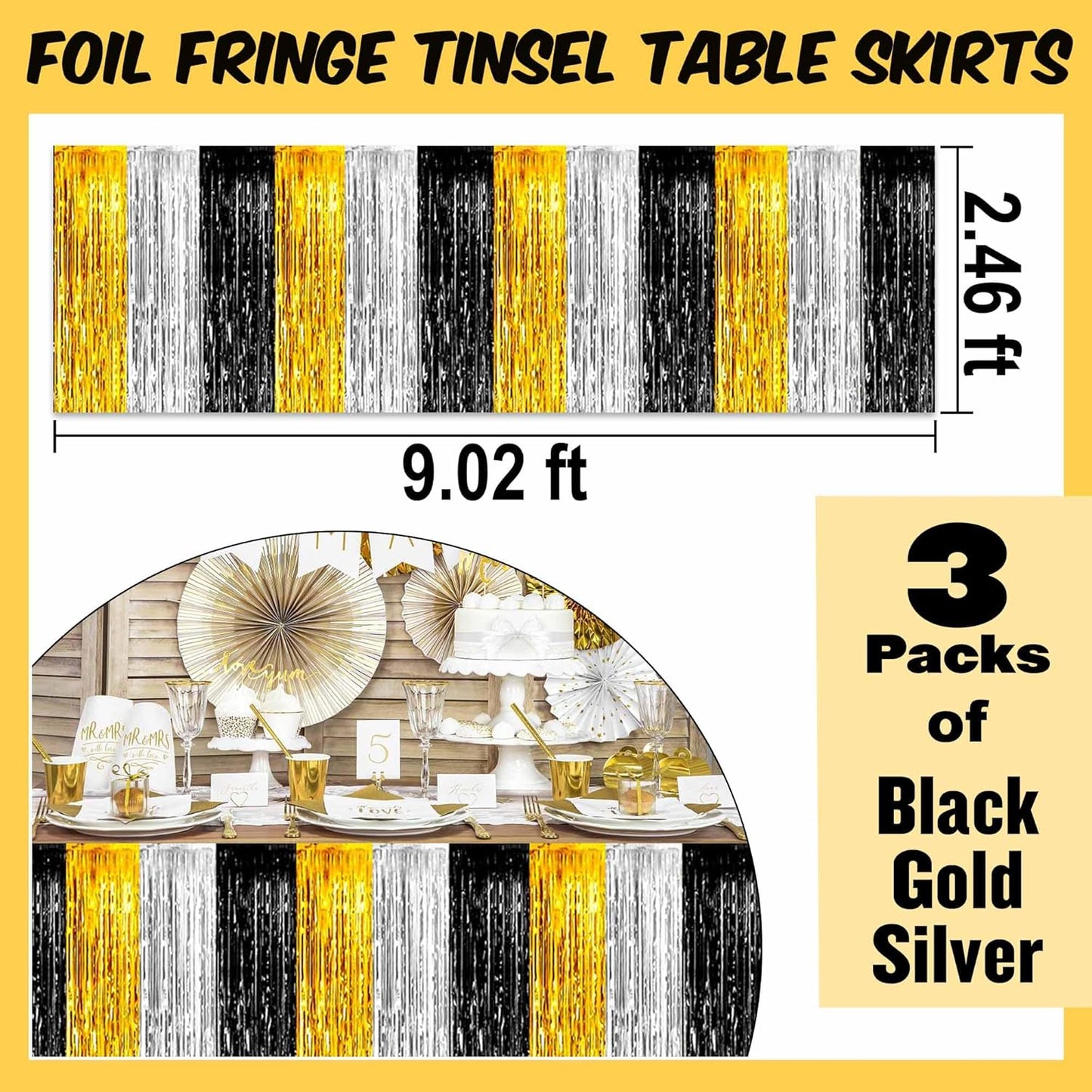3 Pack 29 x108 Inch Black Gold Silver Foil Fringe Table Skirts Metallic Banner for Tinsel Streamer Garland Backdrop for Parade Floats Mother's Day, Graduate, Birthday, Wedding Party Decoration