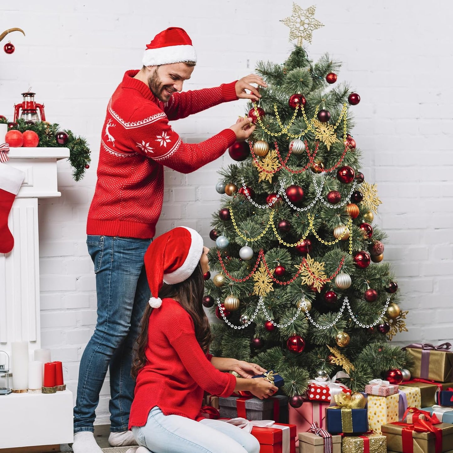 Craft String Pearls 10MM Pearl Bead, 33Feet Gold Faux Pearl Garland Spool Roll Strand Wedding Party Decoration, Christmas Tree Decorations